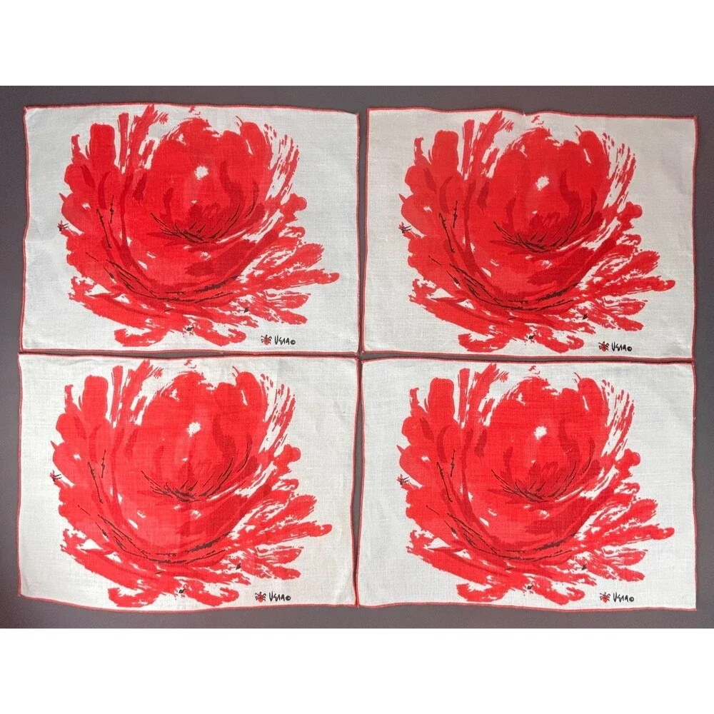 Vintage Vera Neumann Large Red Flower Linen Placemat Set of 4